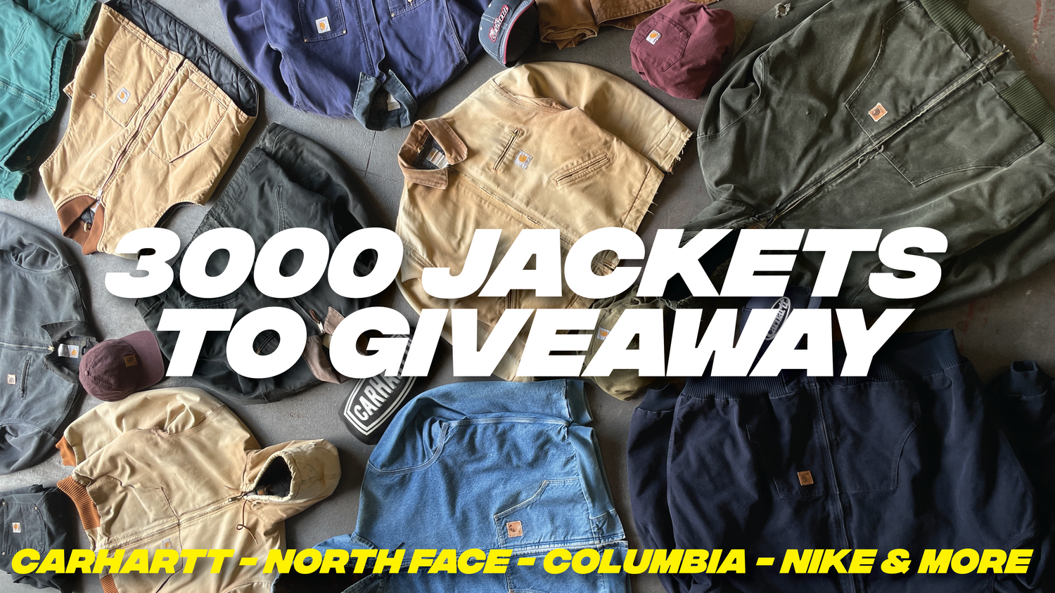 Collection of jackets from various brands with text overlay about a jacket giveaway.