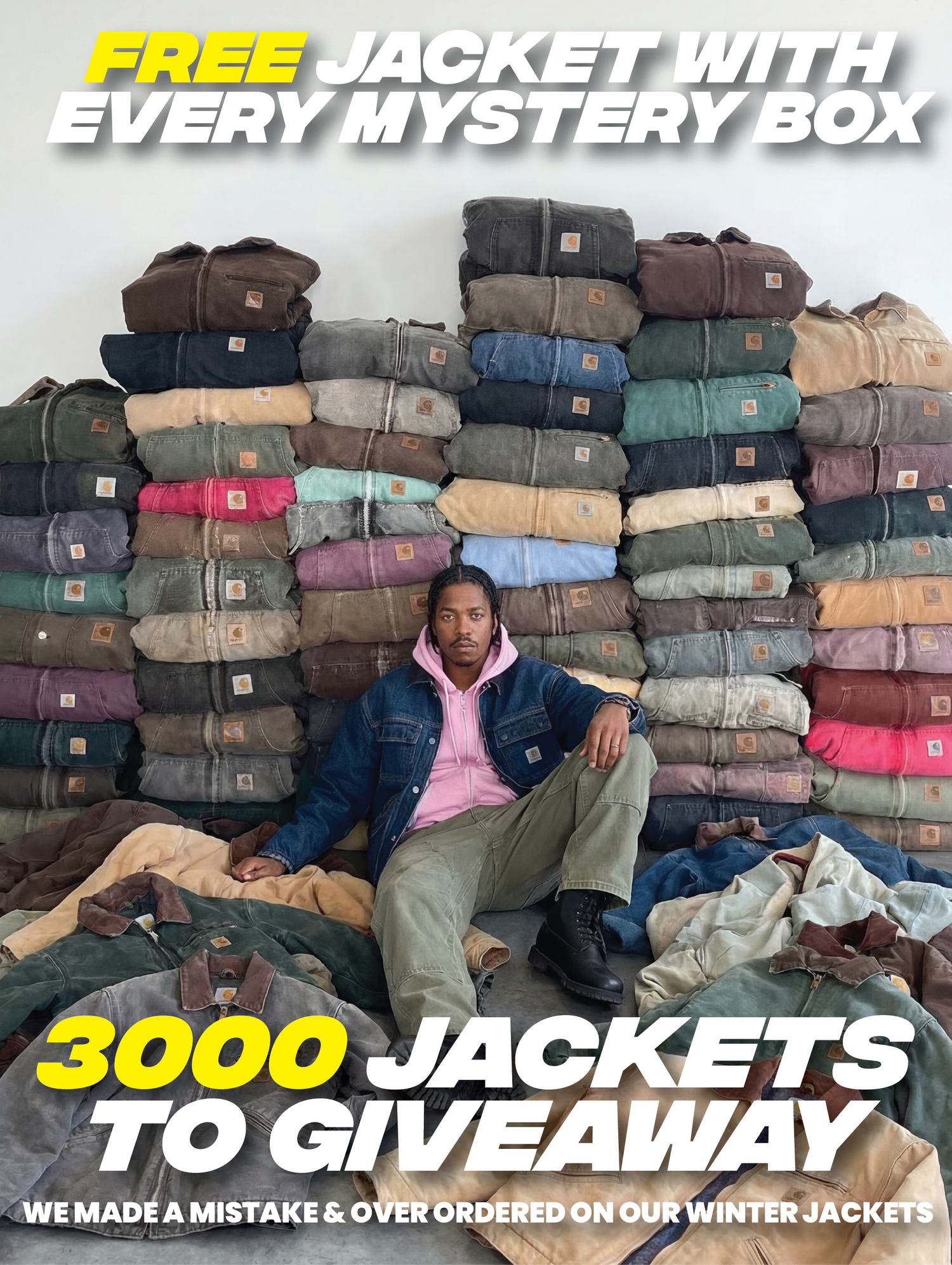 Person sitting among a large stack of jackets with promotional text about a free jacket giveaway.