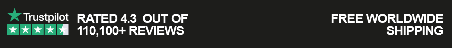 Trustpilot rating badge with 4.3 stars out of 5, 110,000+ reviews, and free worldwide shipping text on a black background.